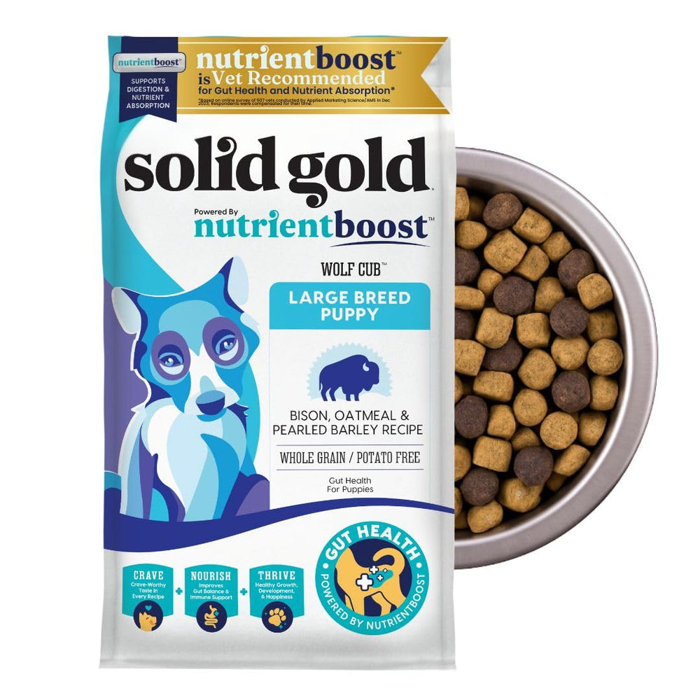 Solid Gold large-breed puppy kibble with bison first ingredient supports growth.