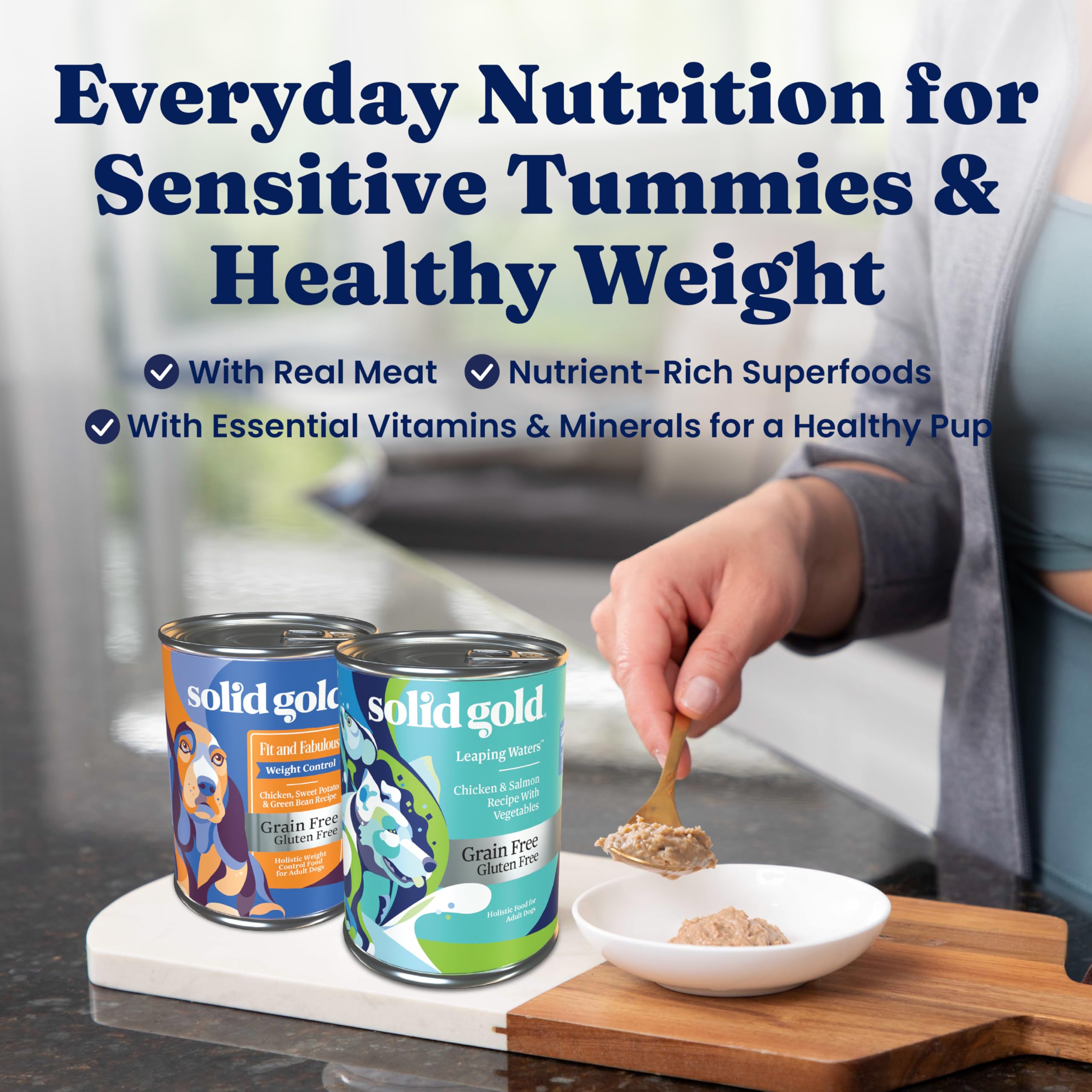 Solid Gold Leaping Waters chicken-salmon wet cans show omega fats and gut-friendly nutrition.