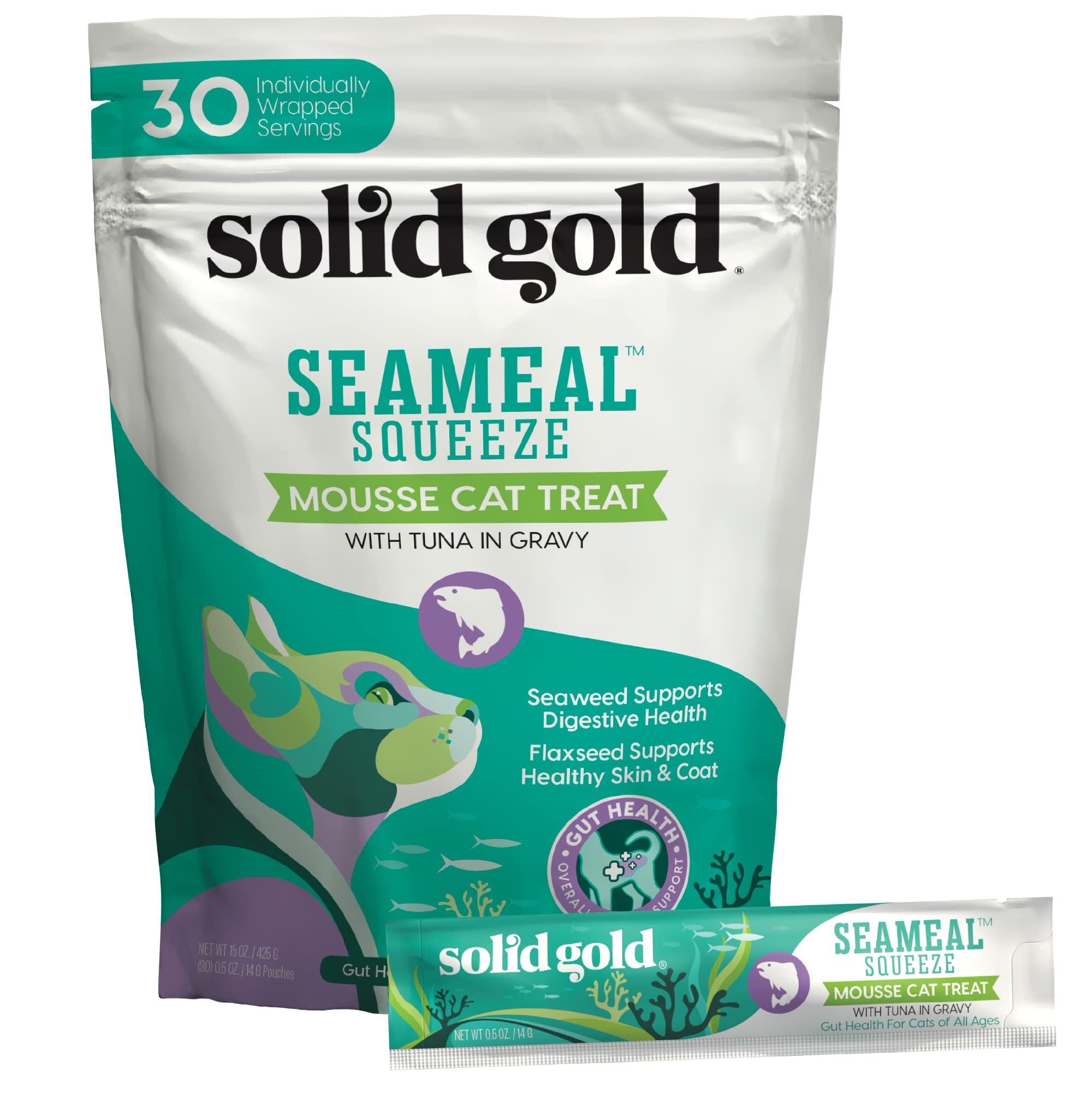 Solid Gold Lickable Cat Treats tuna-seaMeal squeeze-tube with creamy texture for indoor cats.