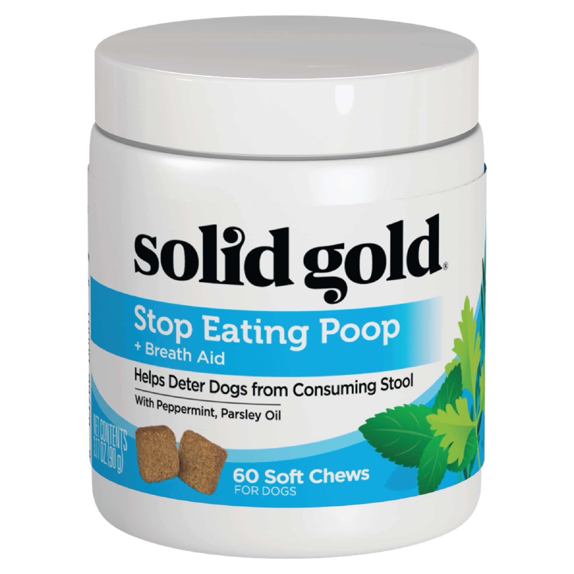 Solid Gold No Poo Chews bottle showing deterrent dog treats and gut support.