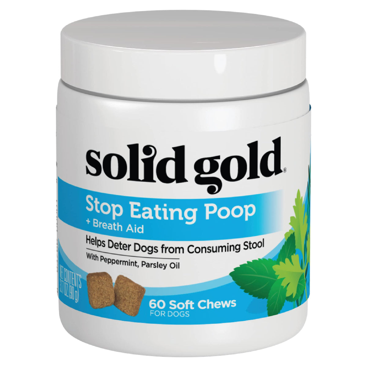 Solid Gold No Poo Chews bottle showing deterrent dog treats and gut support.