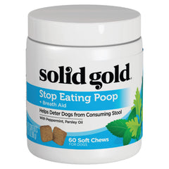Solid Gold No Poo Chews bottle showing deterrent dog treats and gut support.