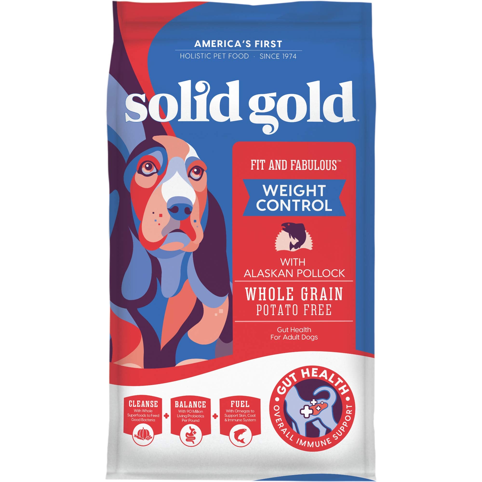 Solid Gold probiotics graphic highlights gut health and immune support through daily feeding.