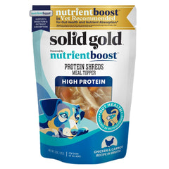 Solid Gold Protein Shreds chicken shreds in a pouch for high-protein meals.