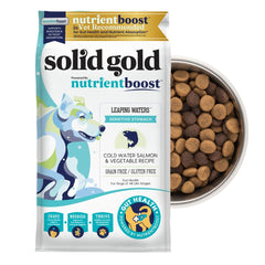 Solid Gold salmon dog food bag showing grain-free formula for sensitive stomachs
