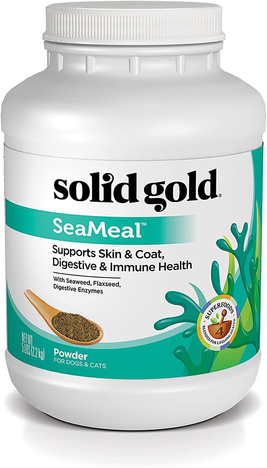 Solid Gold SeaMeal digestive health powder boosts pet gut nutrition and regularity.