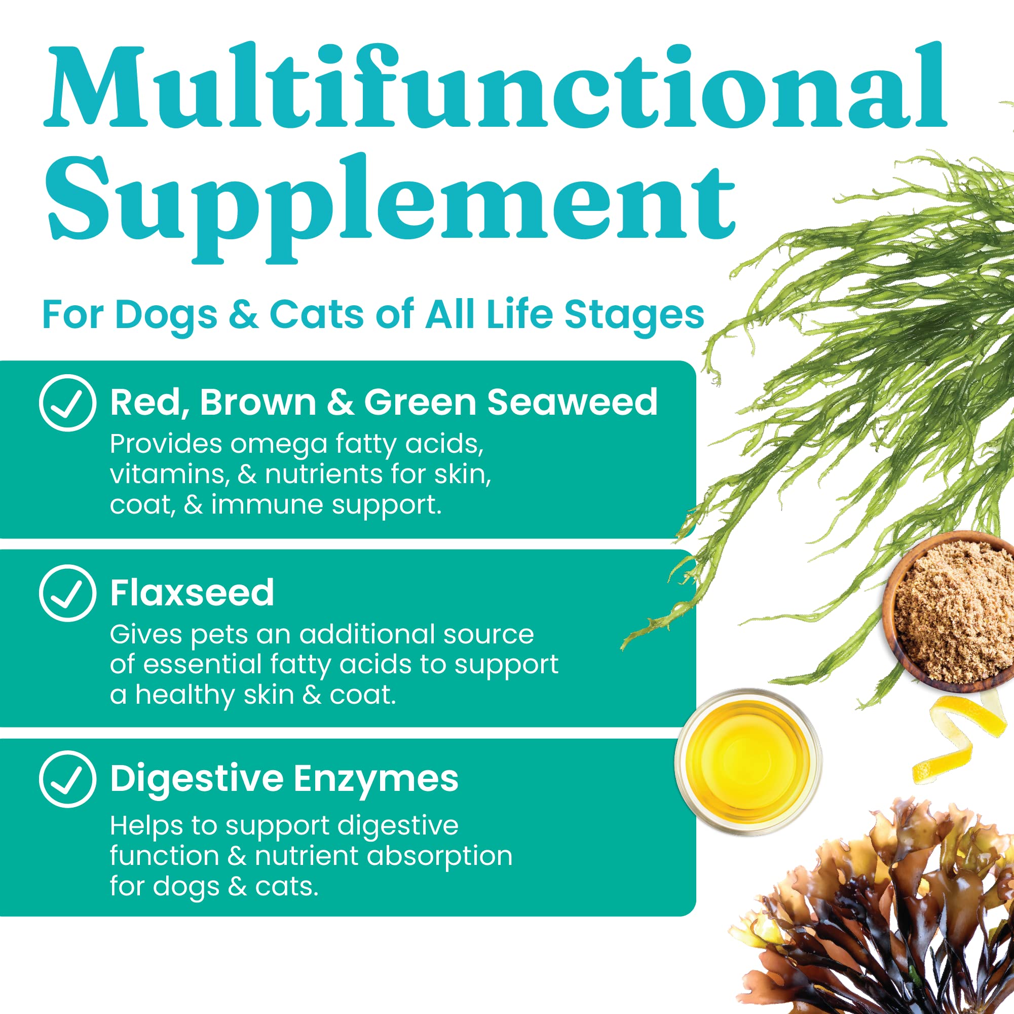 Solid Gold SeaMeal dog chews close-up emphasizes omega-3 rich formula for coat health.