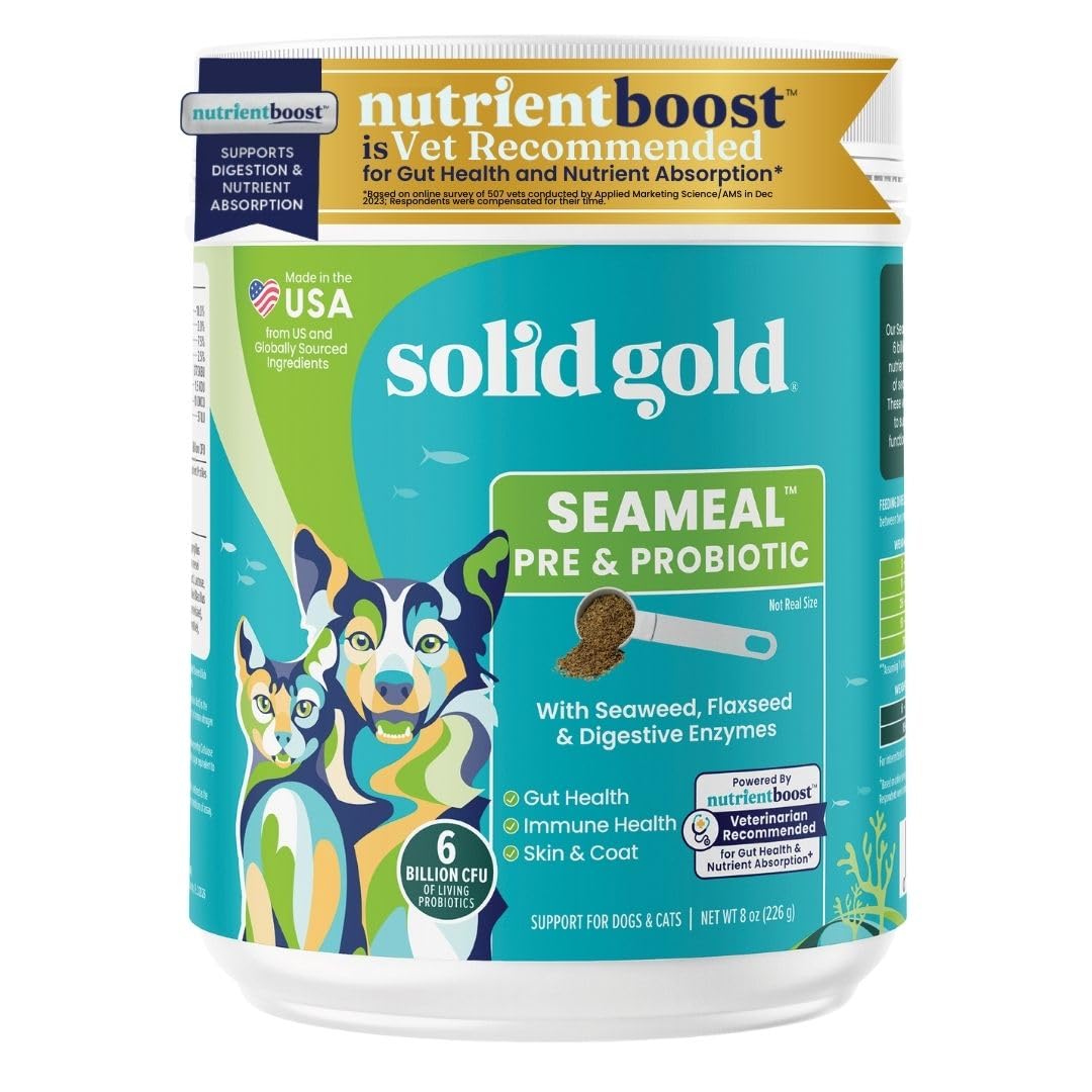 Solid Gold SeaMeal dog probiotic bottle highlighting digestive health support.
