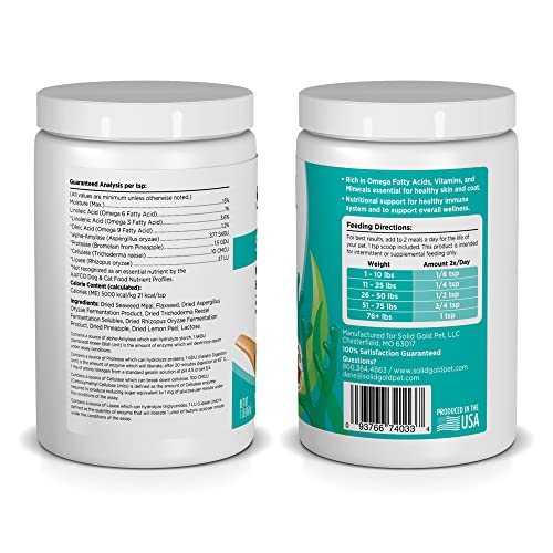 Solid Gold SeaMeal measurement-scoop enables accurate pet dosing.
