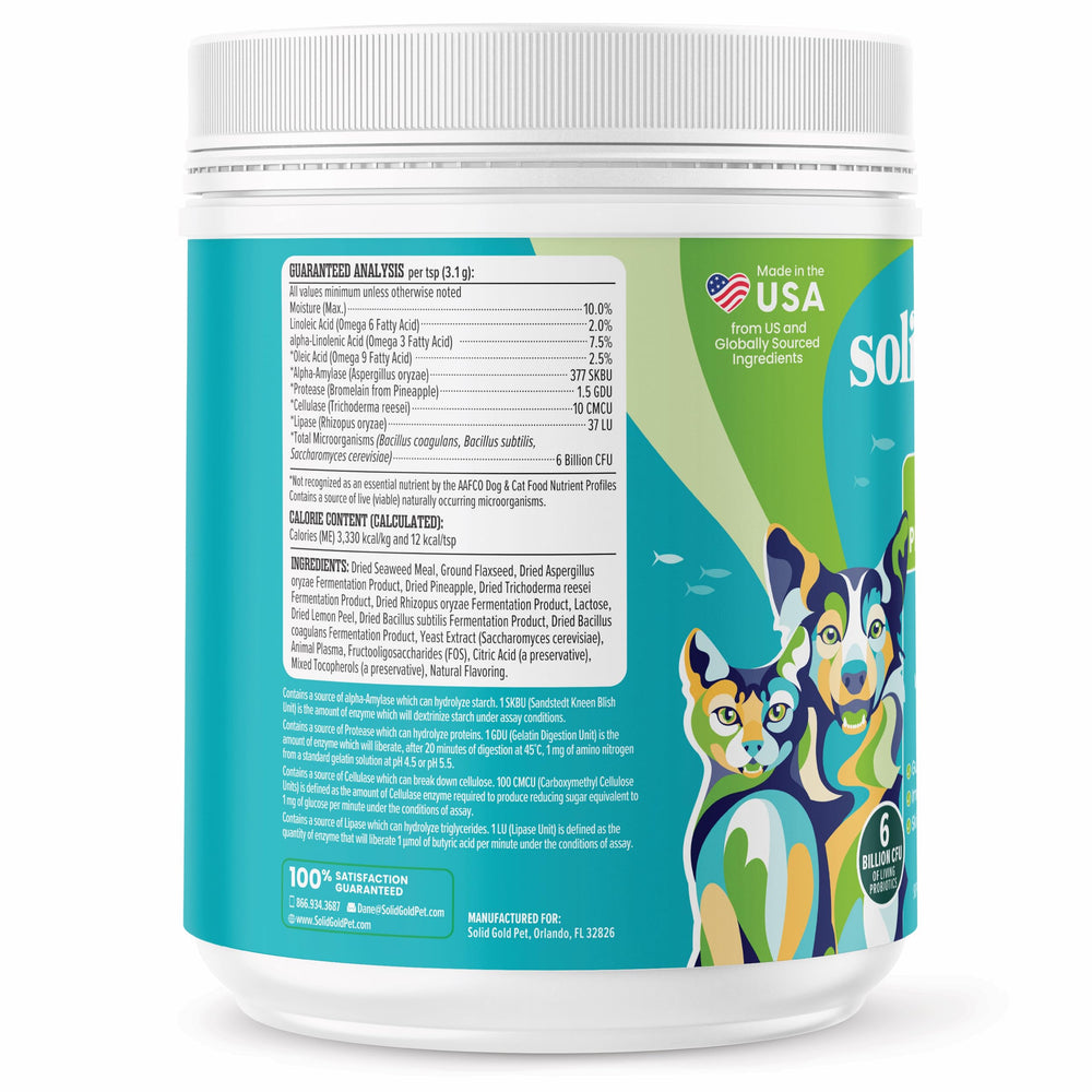 Solid Gold SeaMeal nutrientboost formula showcasing minerals and digestive enzymes.