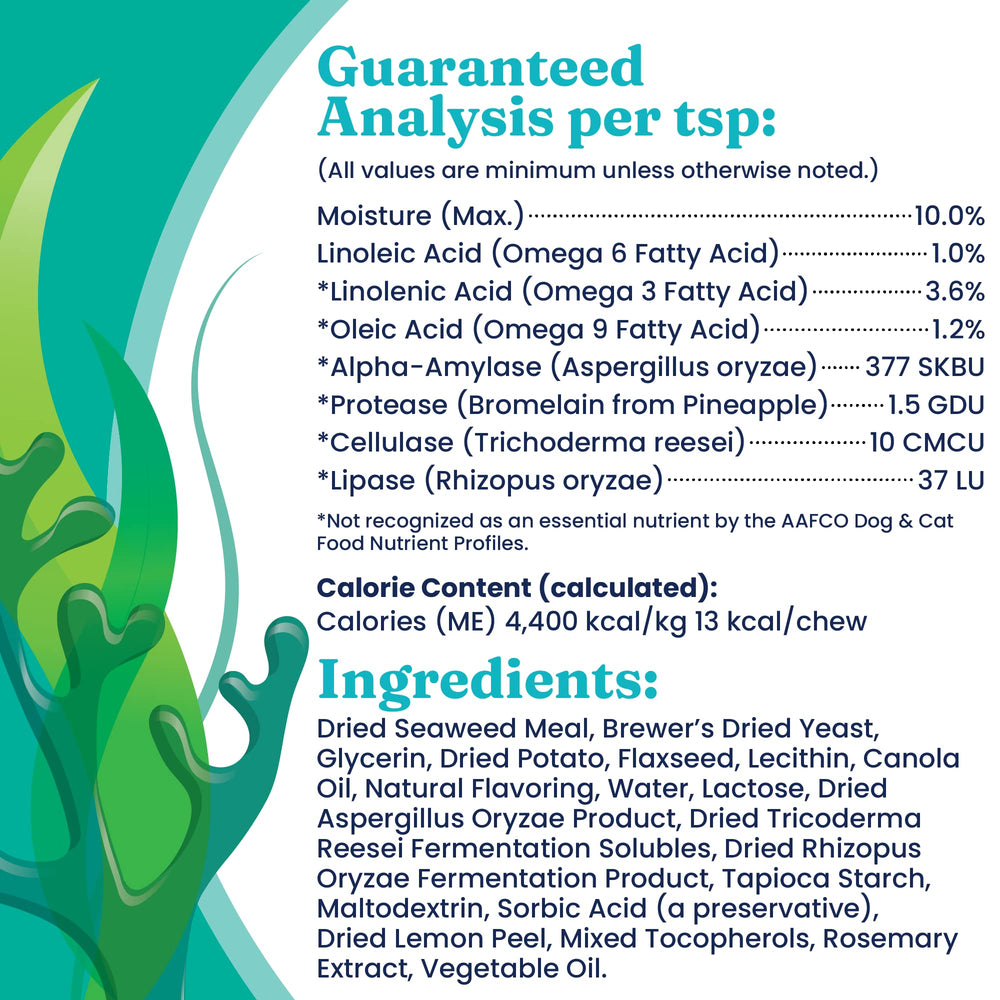 Solid Gold SeaMeal omega-3 rich blend supports skin hydration and coat shine.