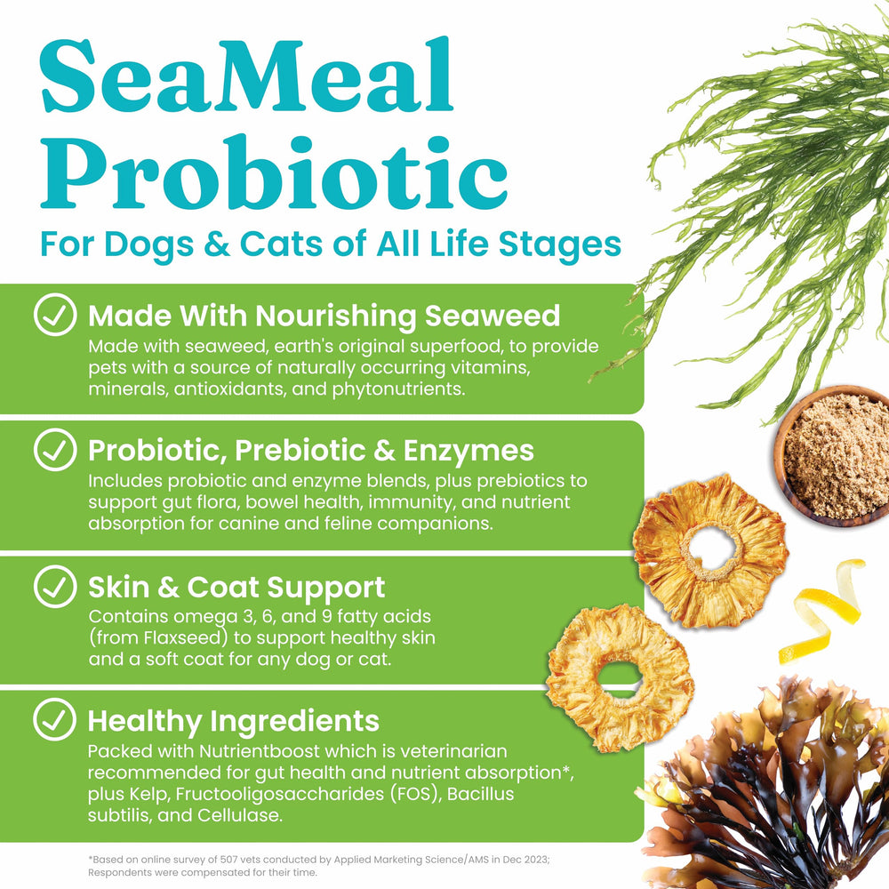Solid Gold SeaMeal prebiotics and enzyme blend label focusing on gut health.