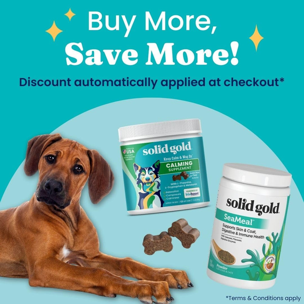 Solid Gold SeaMeal spoon-dispense shows convenient daily dosing for pets.