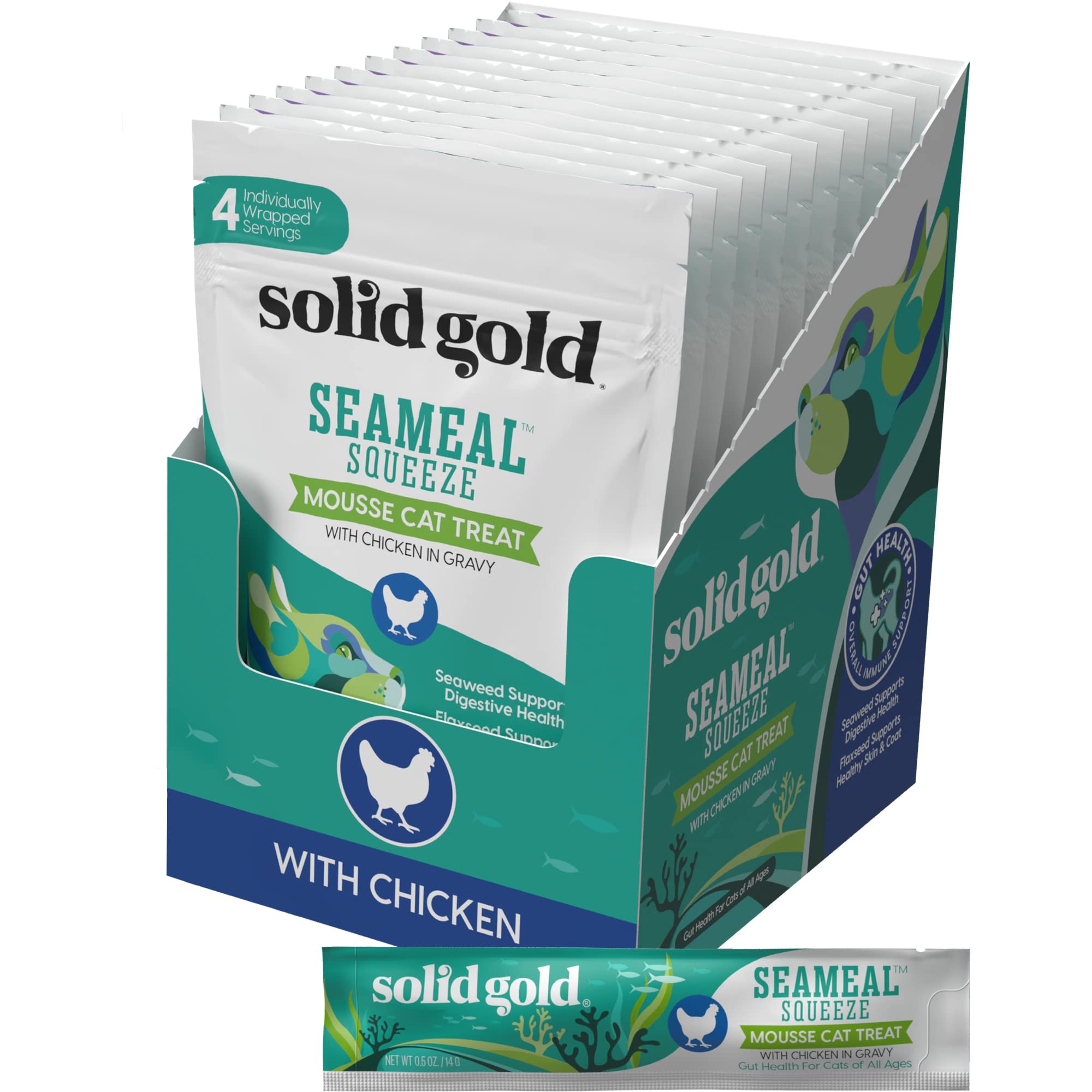 Solid Gold SeaMeal Squeezes chicken treat pouch shows convenient feeding with seaweed benefits.