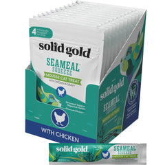 Solid Gold SeaMeal Squeezes chicken treat pouch shows convenient feeding with seaweed benefits.