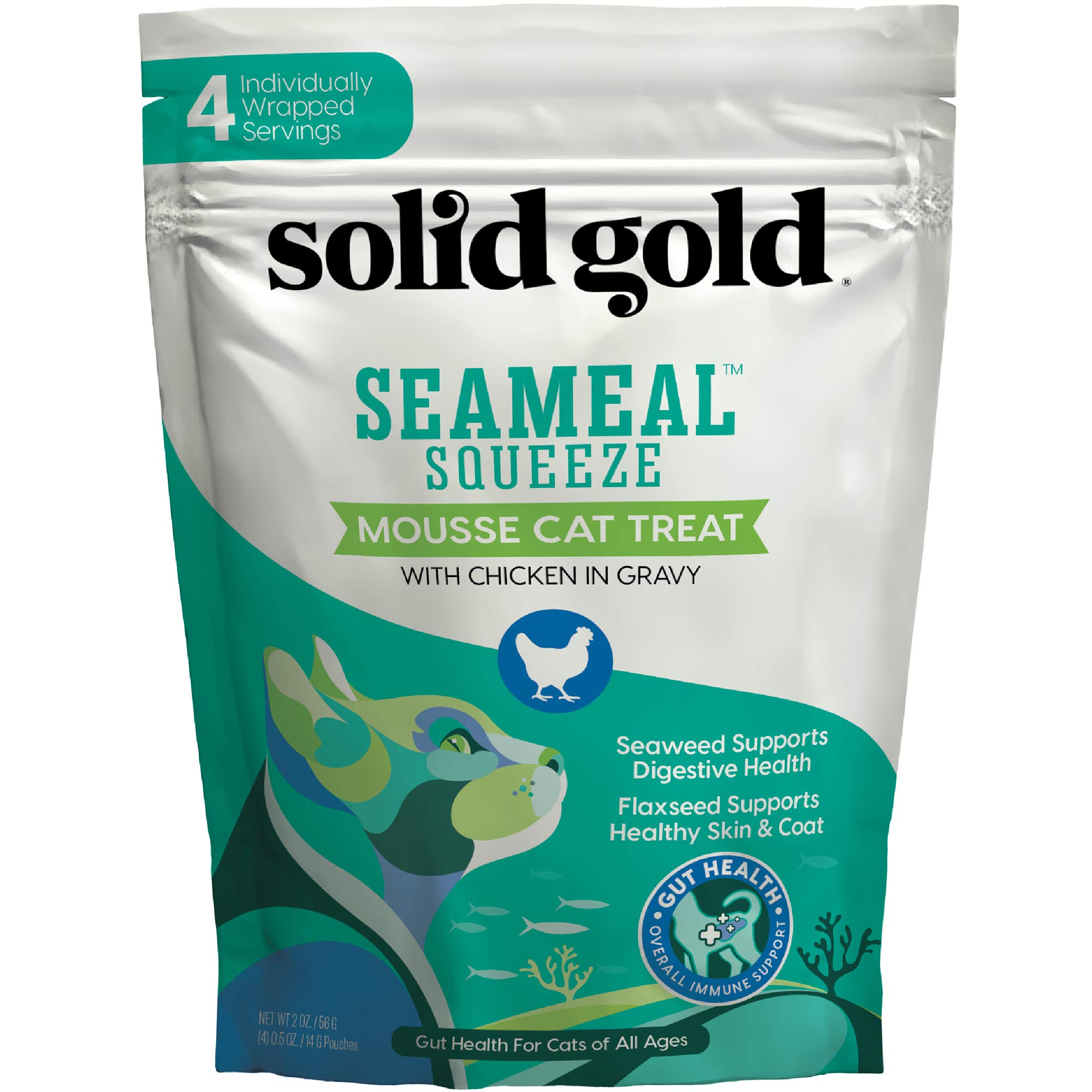 Solid Gold SeaMeal Squeezes packaging highlights grain-free, natural ingredients for cats.