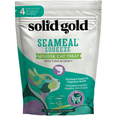 Solid Gold SeaMeal Squeeze Tuna Treat Open Pouch showing creamy ocean flavor for cats.