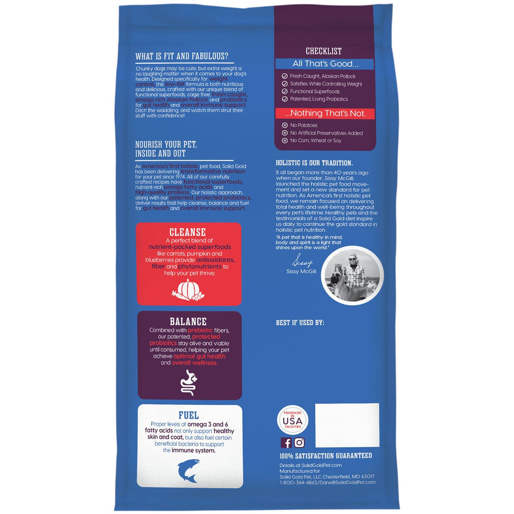 Solid Gold senior weight-support dry dog food emphasizes balanced nutrition for mature dogs.