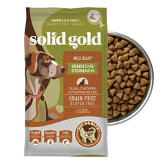 Solid Gold Sensitive Stomach dog food with quail in a bowl supports gentle digestion
