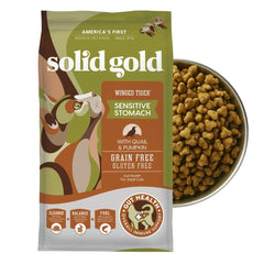 Solid Gold Sensitive Stomach kibble-bowl highlights grain-free digestion benefits.
