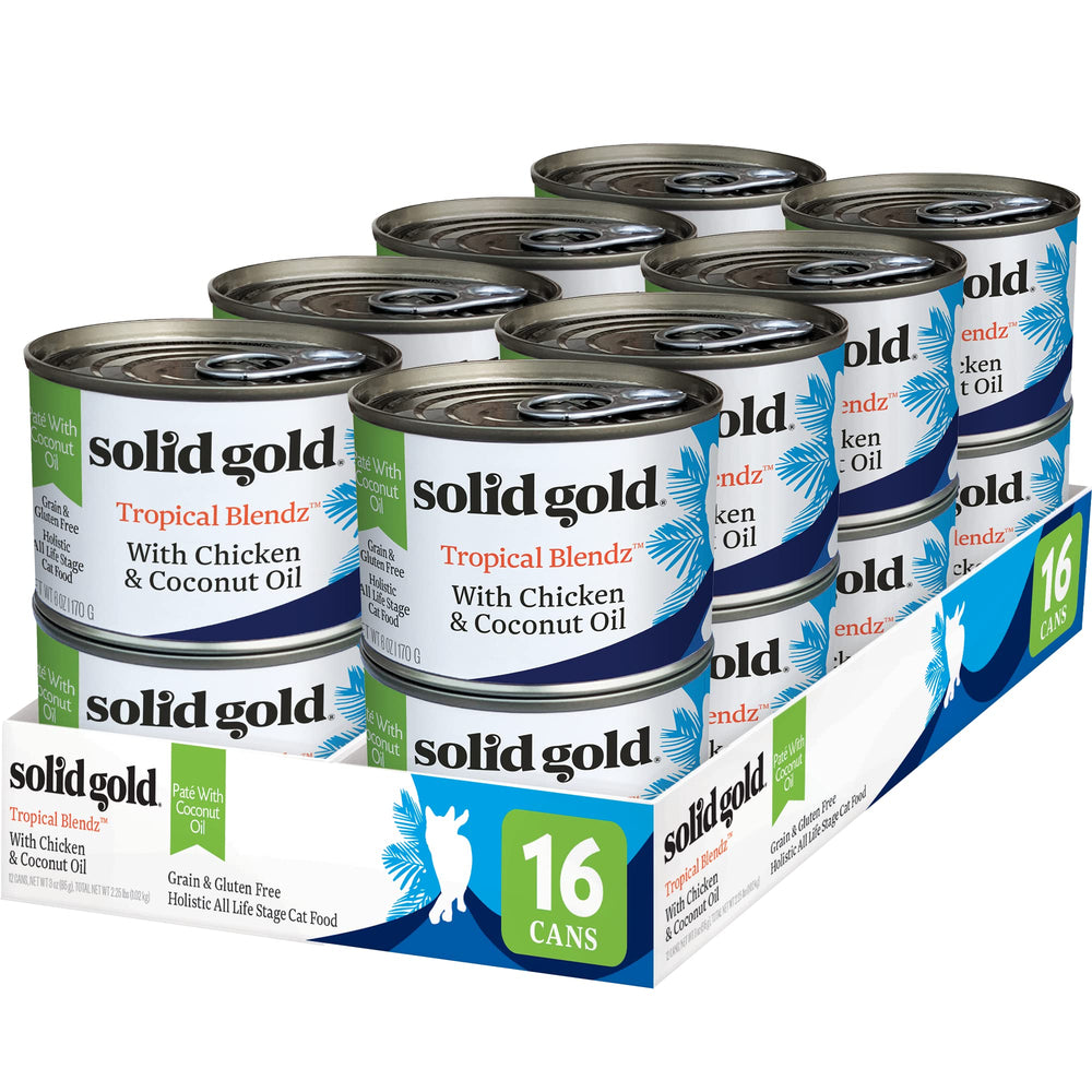 Solid Gold Tropical Blendz packaging shows real chicken and coconut oil for healthy skin
