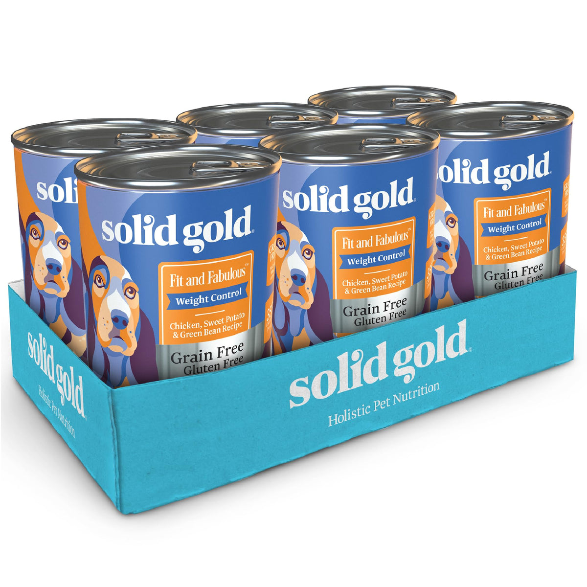 Solid Gold weight-management wet dog food packaging; easy-to-portion cans for controlled feeding.