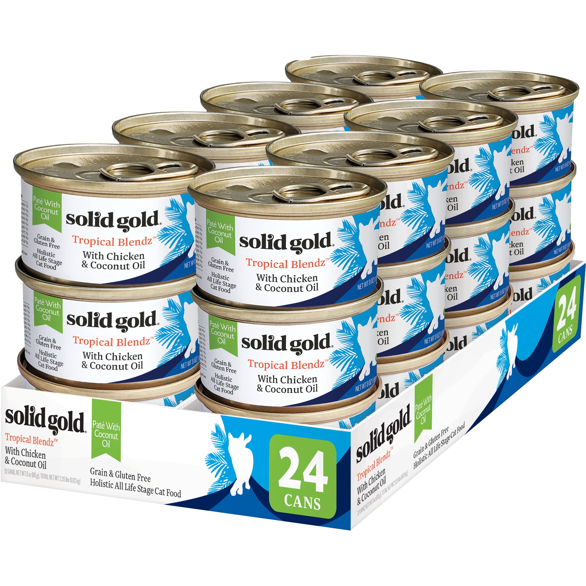 Solid Gold wet cat food pate coconut oil with real chicken for healthy energy.