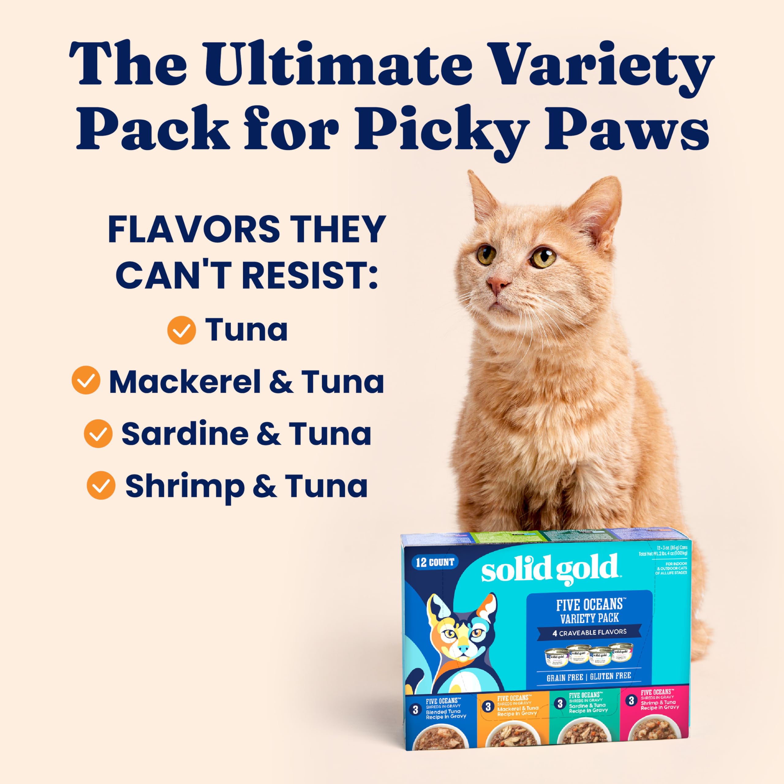 Solid Gold wet cat food real tuna chunks in gravy closeup highlights hydrating flavor