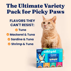 Solid Gold wet cat food real tuna chunks in gravy closeup highlights hydrating flavor