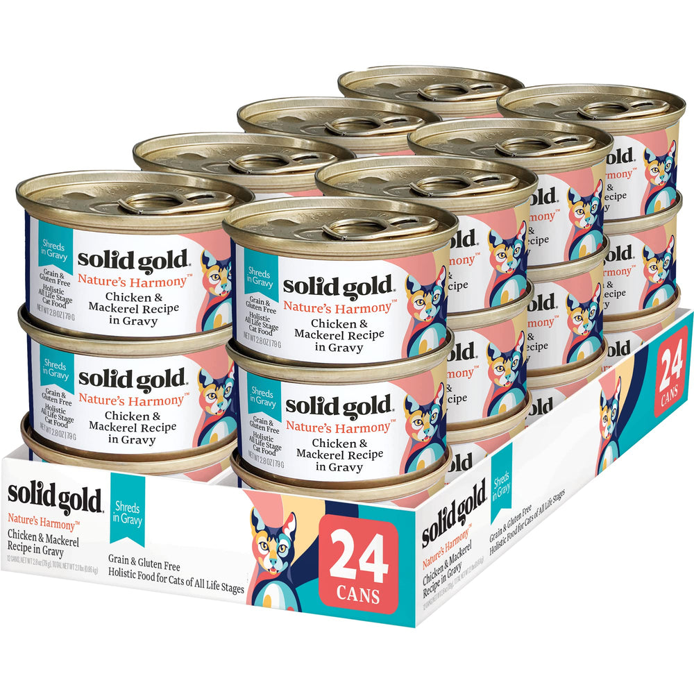 Solid Gold wet cat food shreds in gravy with chicken and mackerel for hydration and flavor.