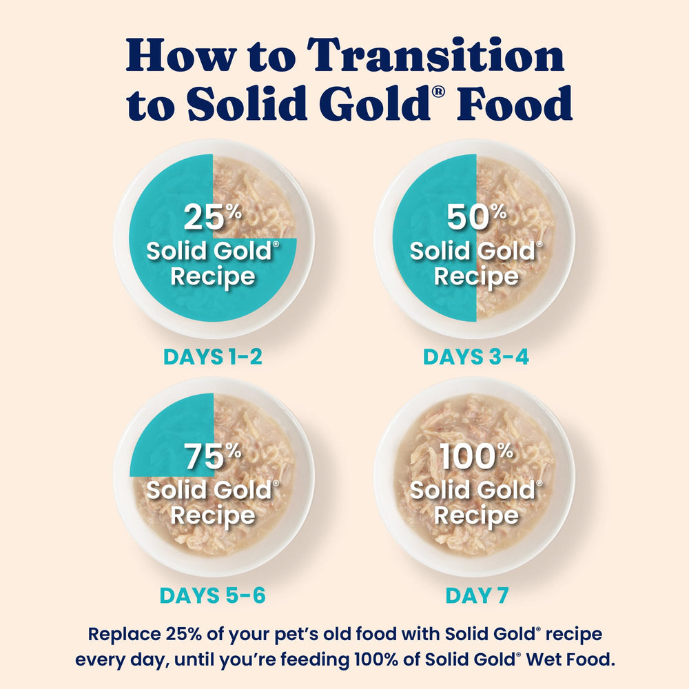 Solid Gold wet cat food shreds in gravy provides balanced nutrition for energy and muscles