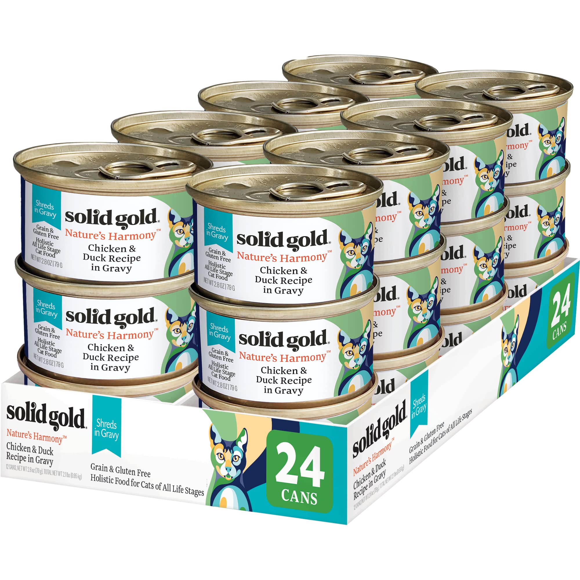 Solid Gold wet cat food shreds in gravy cans showcase real protein and hydration for cats.