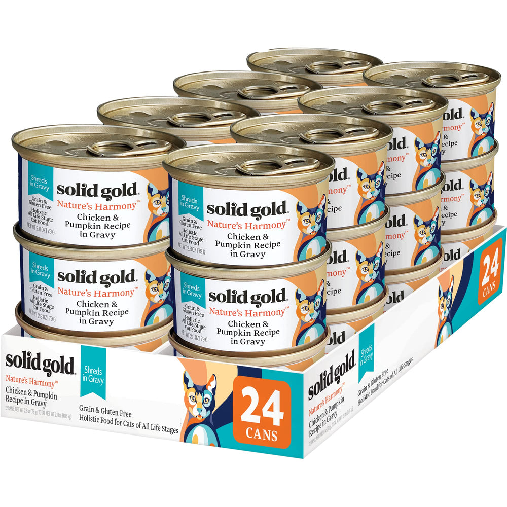 Solid Gold wet cat food shreds in gravy with chicken and pumpkin for hydration and flavor.