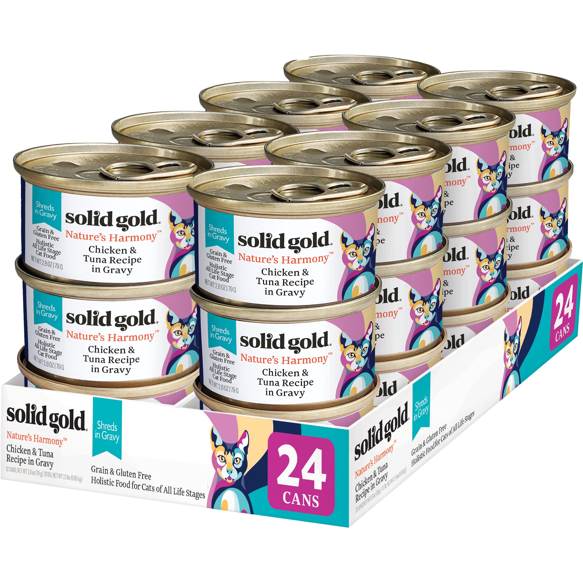 Solid Gold wet cat food shreds in gravy plate with real chicken and tuna for flavorful meals