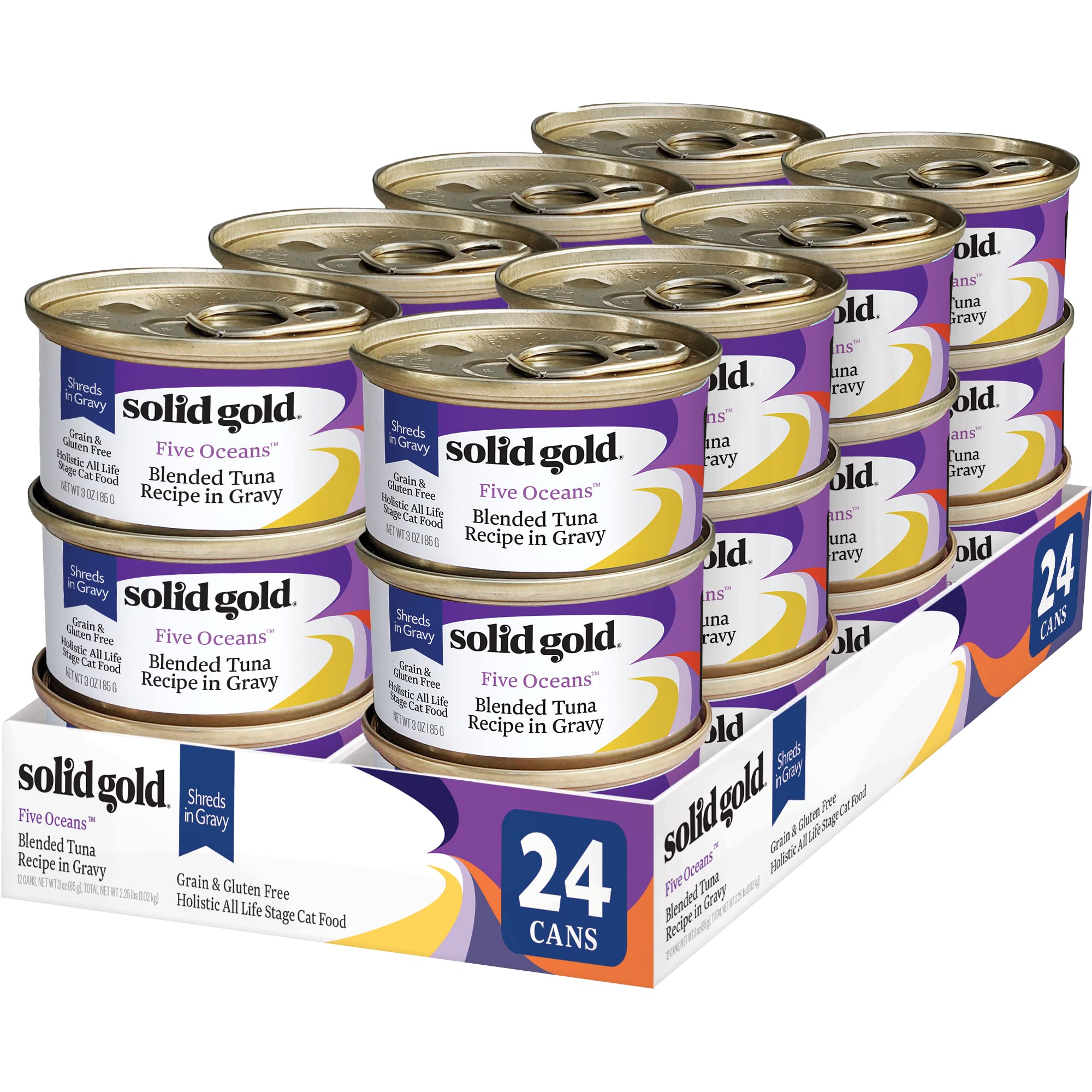 Solid Gold wet cat food shreds in gravy tuna can offers protein-rich meal.