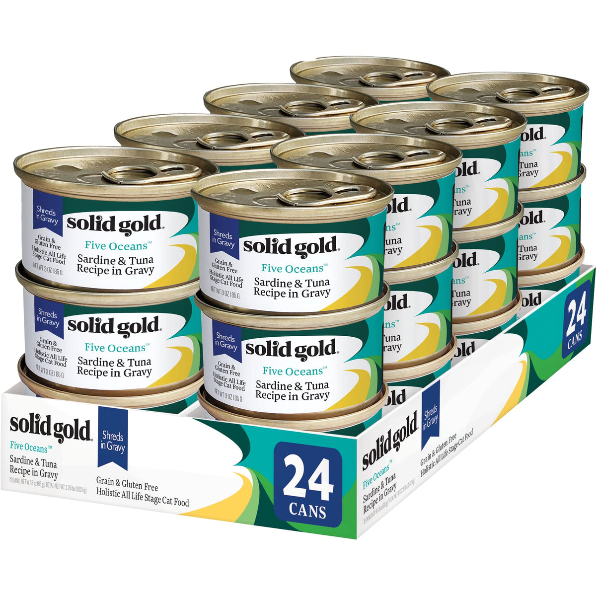 Solid Gold Wet Cat Food Shreds in Gravy tuna-sardine bowl for hydration and protein