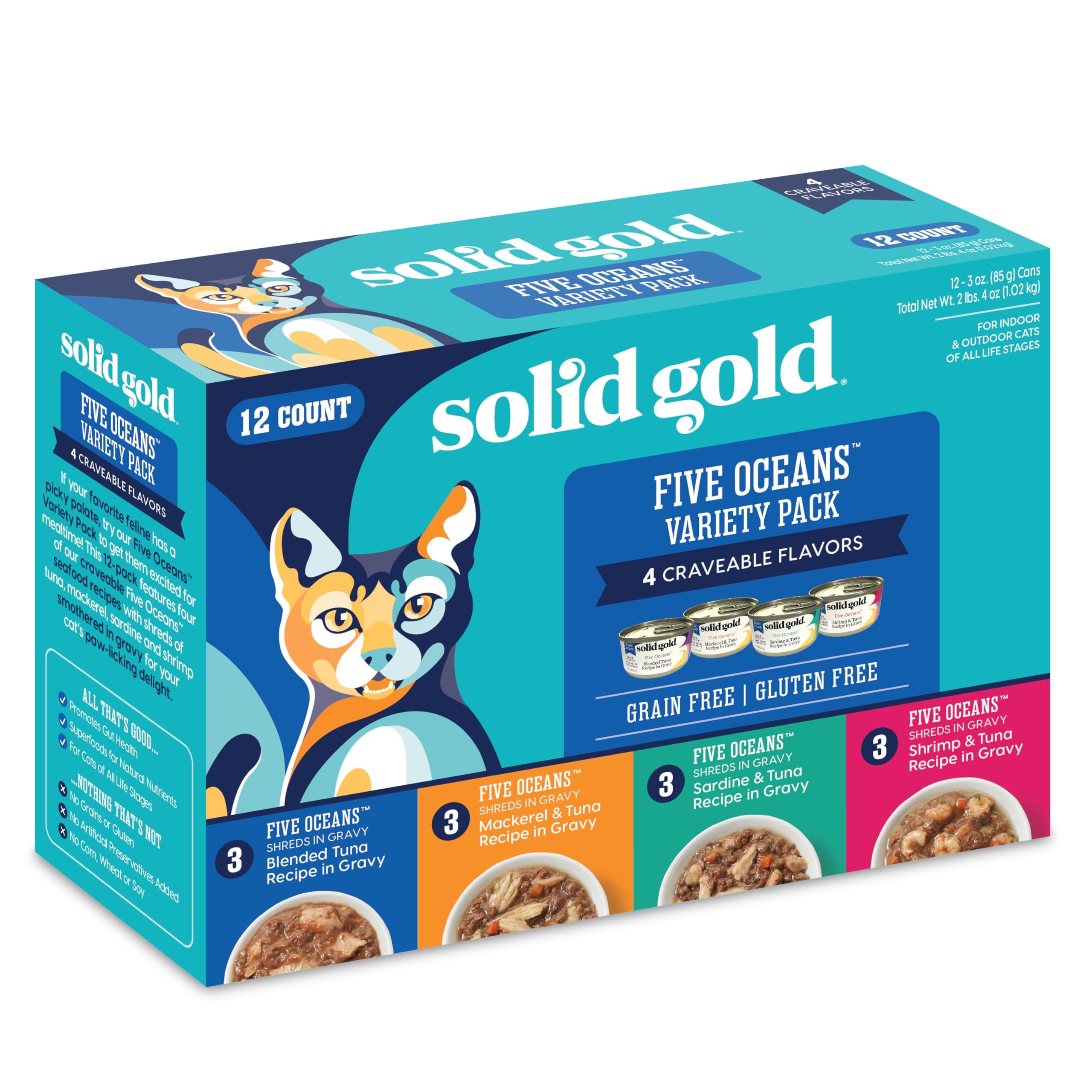 Solid Gold wet cat food variety pack 12ct front shows variety to please picky eaters