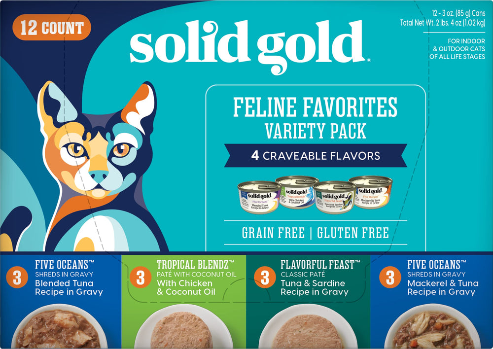 Solid Gold wet cat food variety pack pate shows soft texture ideal for picky cats