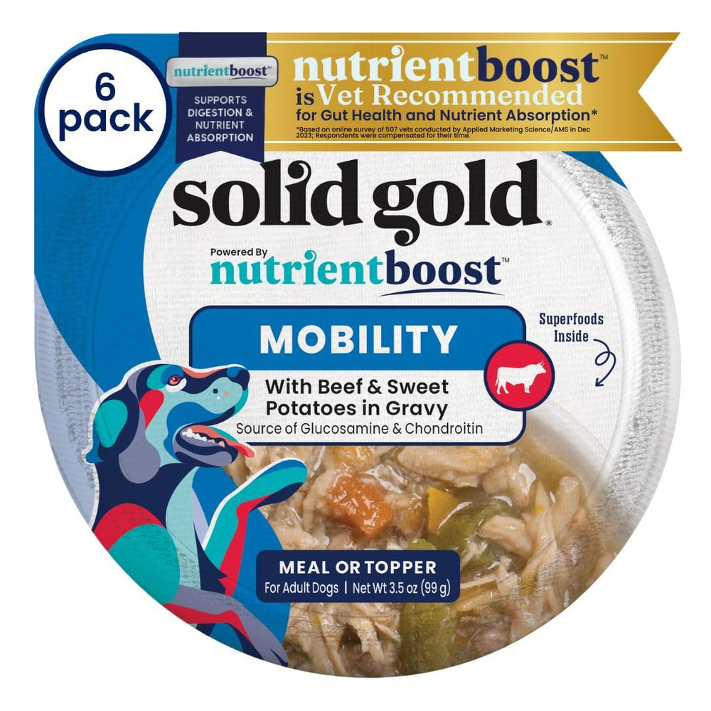 Solid Gold beef-sweet-potato topper pack shows convenient six-pack meals
