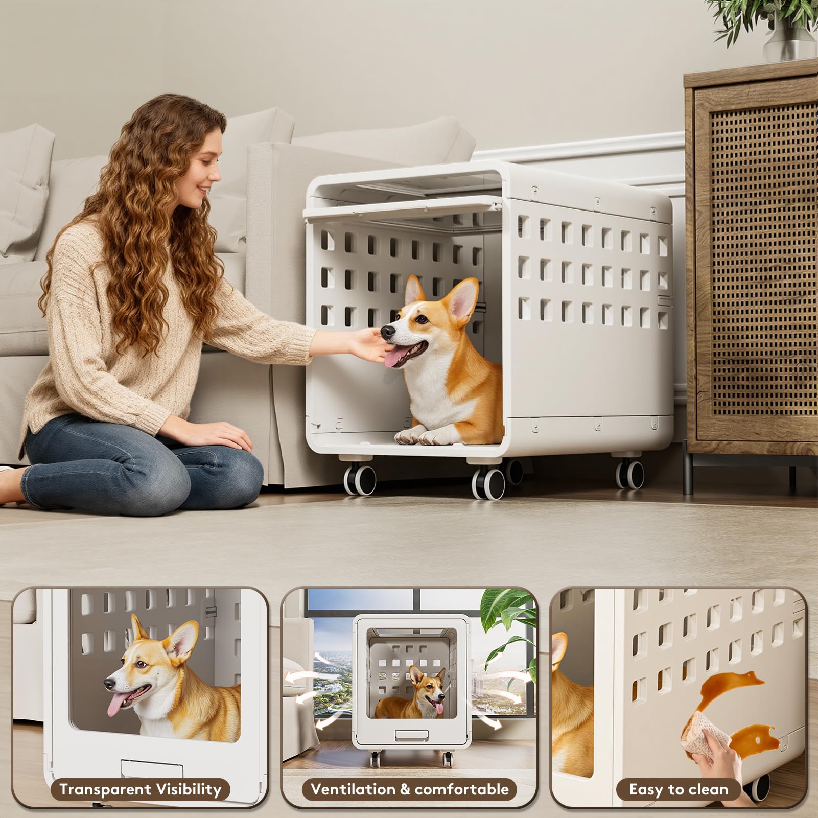 SOLOWINNER acrylic dog crate cleanable surface close-up shows easy wipe-down.