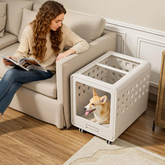 SOLOWINNER acrylic dog crate wheels side view highlights easy-to-move design for flexible placement.