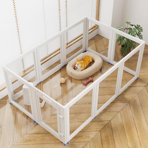 SOLOWINNER clear puppy playpen assembled for easy monitoring and a bright play space.