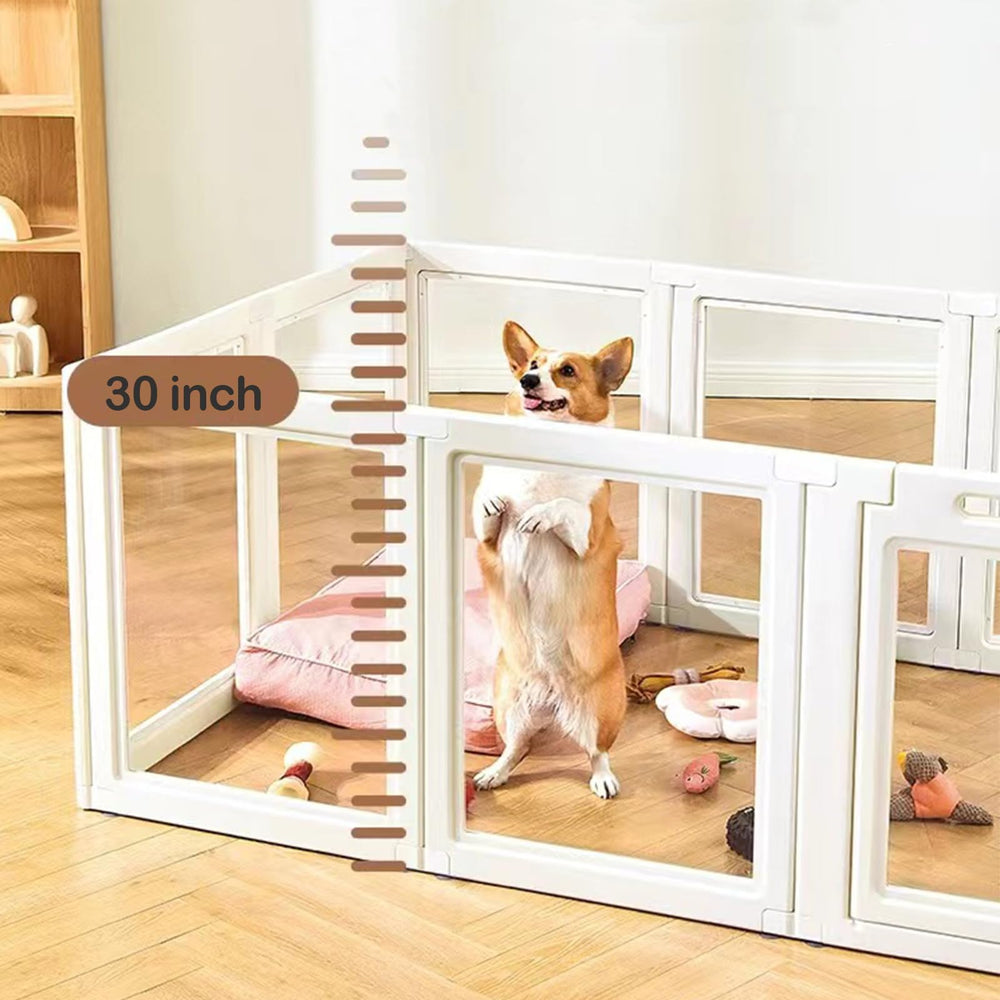 SOLOWINNER Clear Puppy Playpen assembly diagram demonstrating tool-free setup.