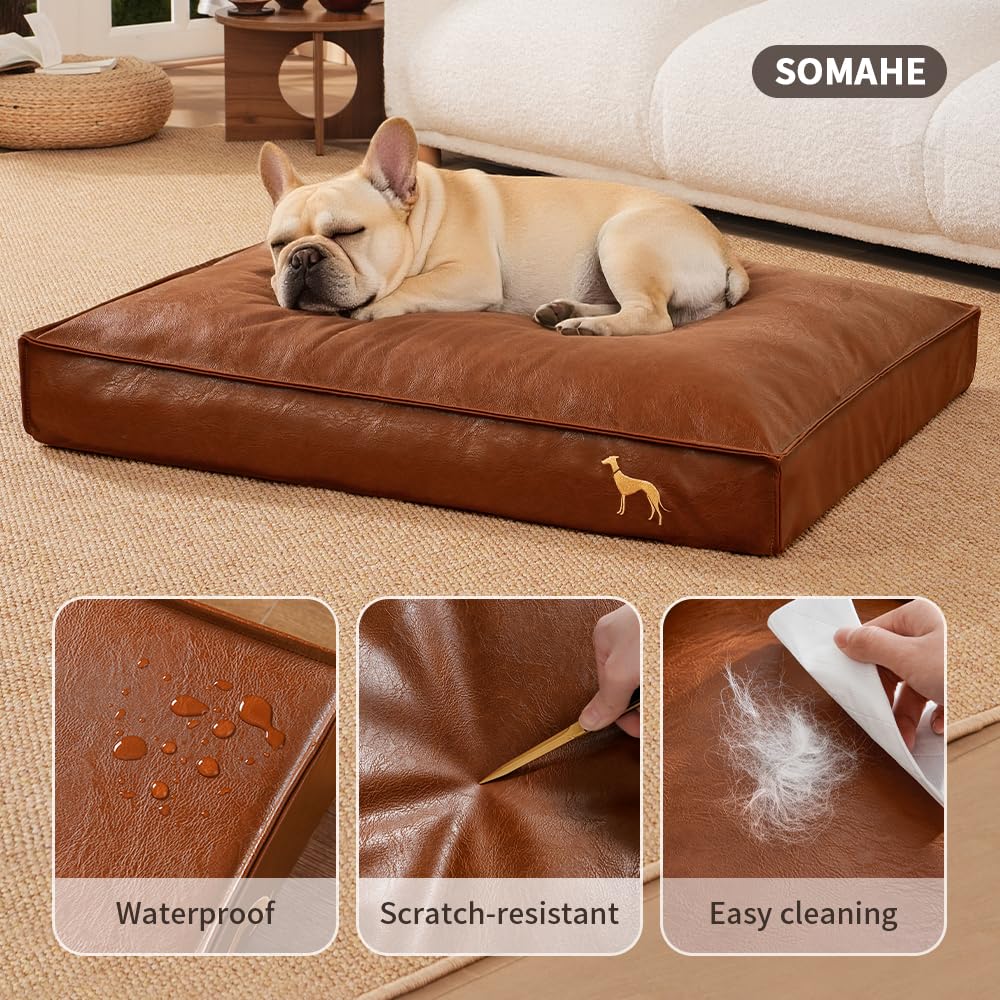 SOMAHE dog bed brown leather exterior offers a cozy surface.