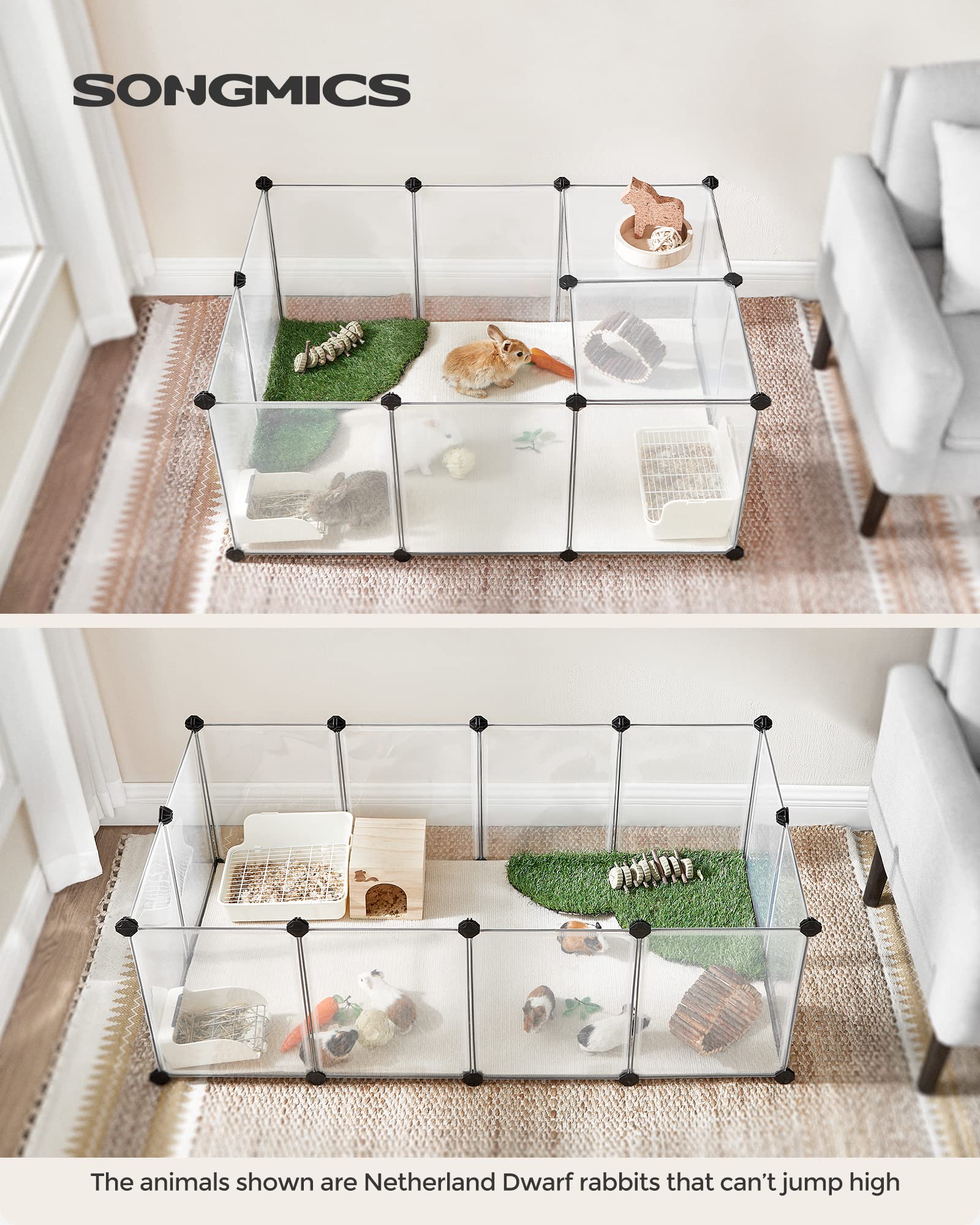 SONGMICS pet playpen assembly with mallet demonstrates quick setup