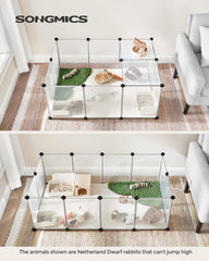SONGMICS pet playpen assembly with mallet demonstrates quick setup