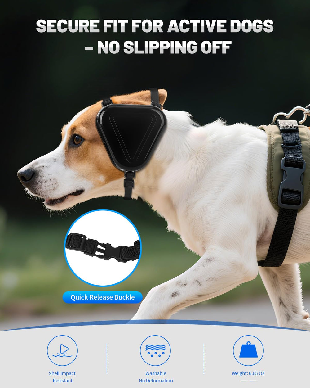 Soobeeke earmuffs on a dog during grooming or fireworks to calm pets