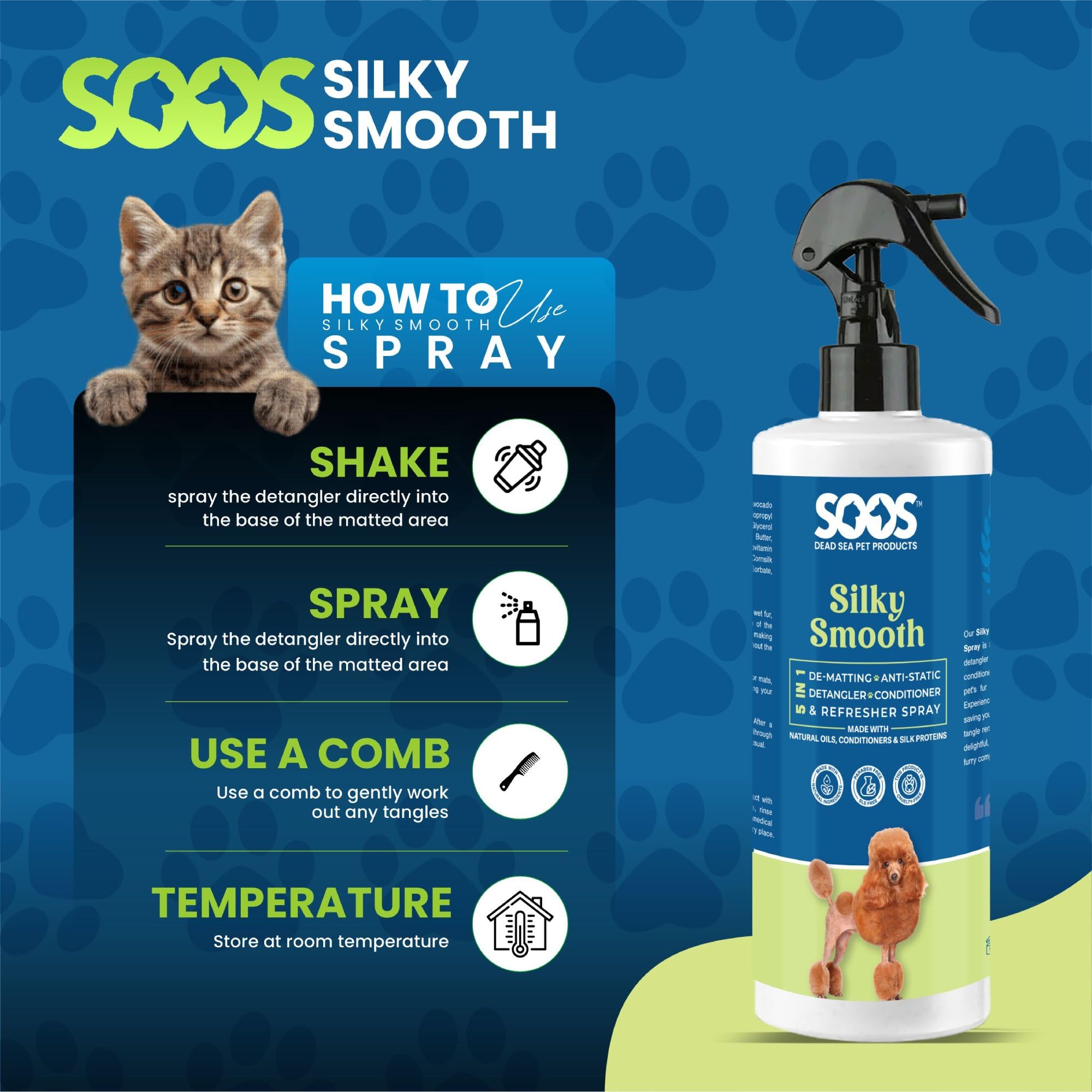 SOOS Pet Silky Smooth detangler in action with brush improving glide.