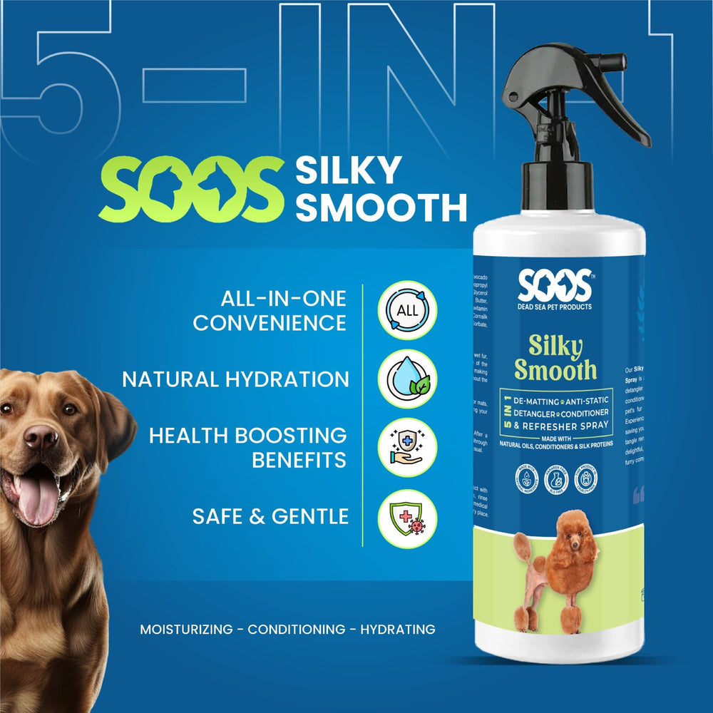 SOOS Pet Silky Smooth natural-ingredients label signals gentle, chemical-free care.