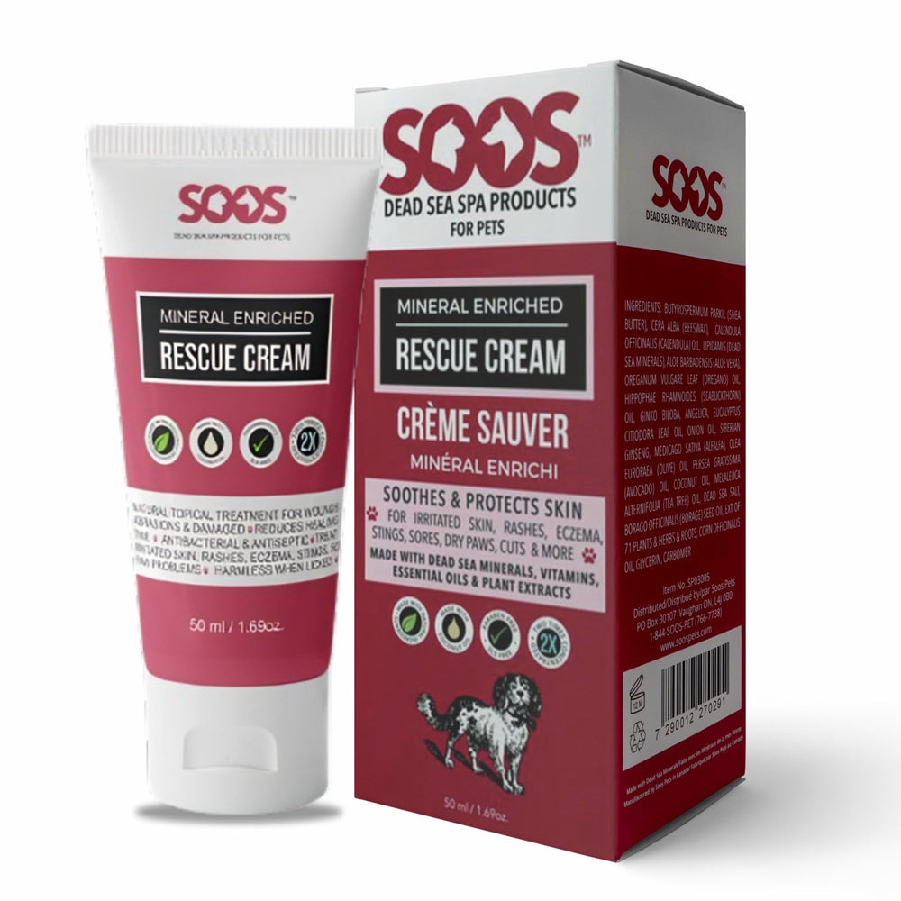 SOOS Rescue Cream bottle highlights 50ml size for pet skin care relief.